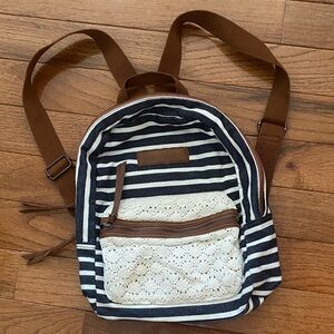American Eagle Nautical Striped Mini Backpack Crochet Pocket Brown Faux Leather